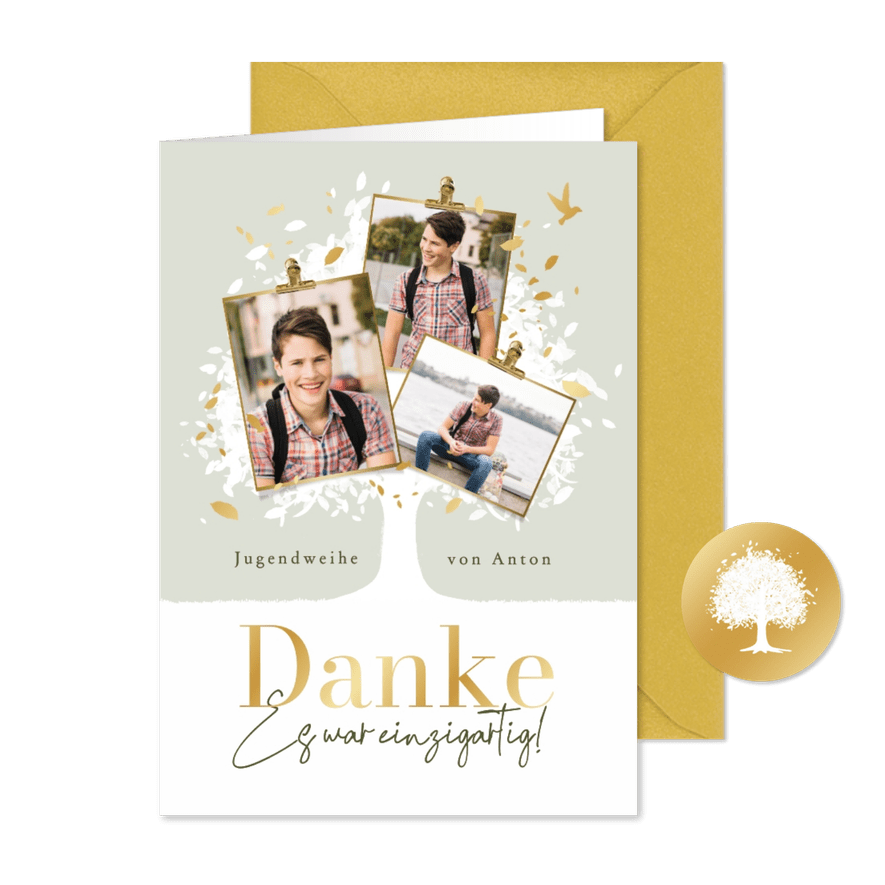 Fotokarte Danksagung zur Jugendweihe Baum & Vogel - Karteneindruck