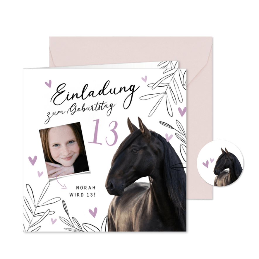 Fotokarte Einladung 13. Kindergeburtstag Pferdekopf - Karteneindruck
