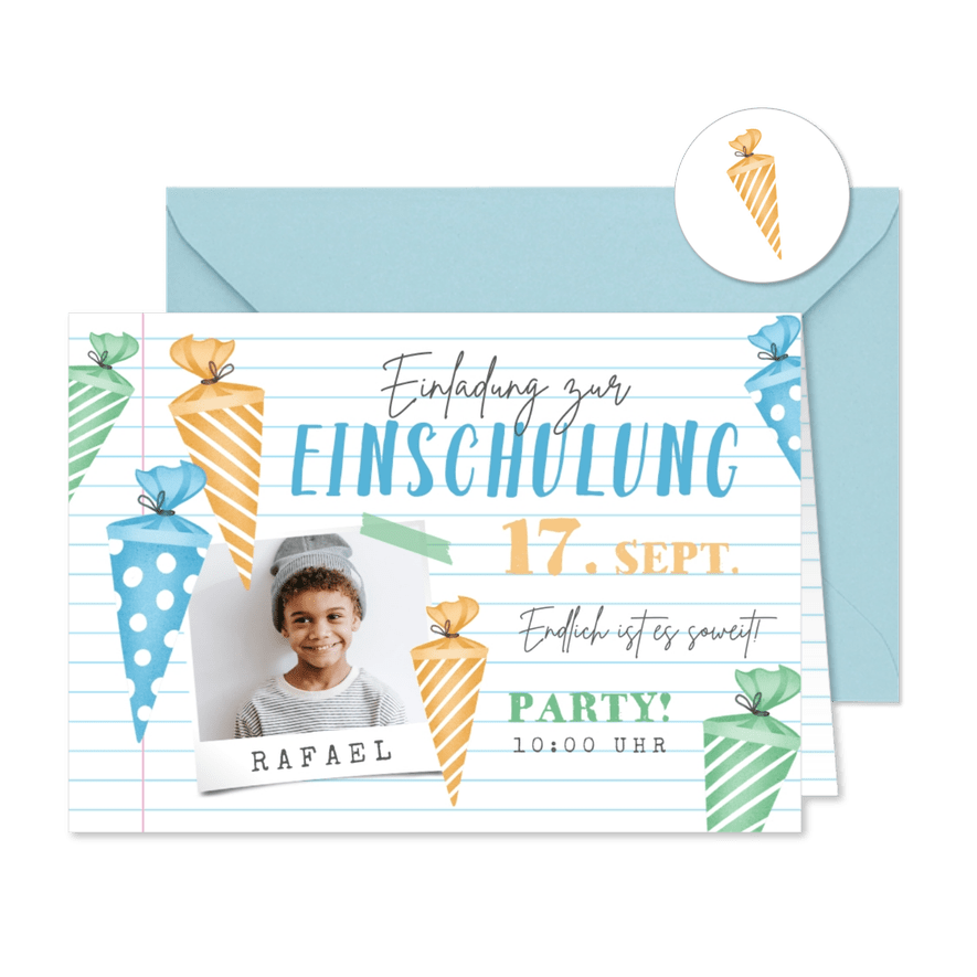 Fotokarte Einladung Einschulung bunte Schultüten - Karteneindruck