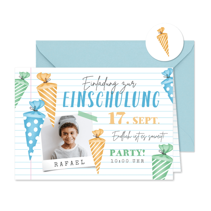Fotokarte Einladung Einschulung bunte Schultüten - Kartenvorschau