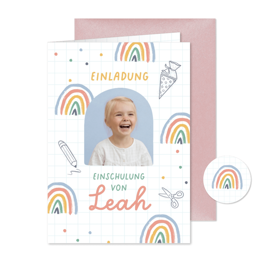 Fotokarte Einladung Einschulung Regenbogen & Doodles - Karteneindruck