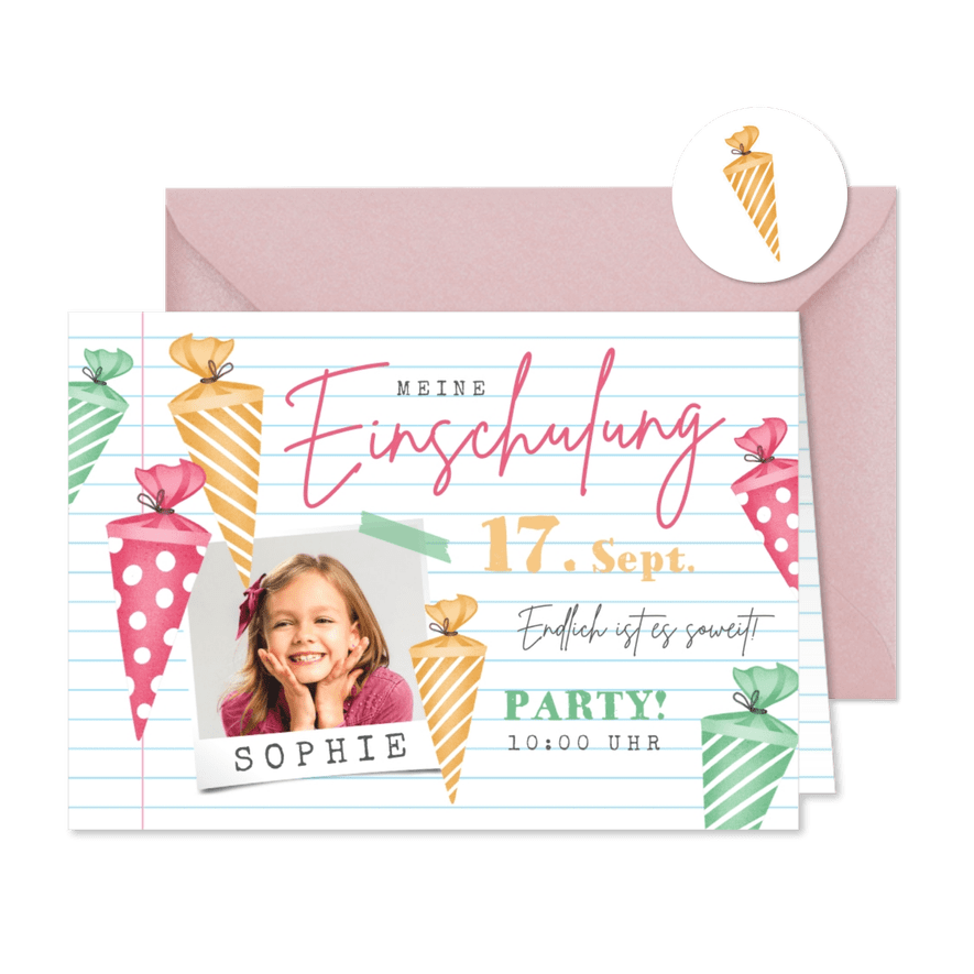 Fotokarte Einladung Einschulung rosa Schultüten - Karteneindruck
