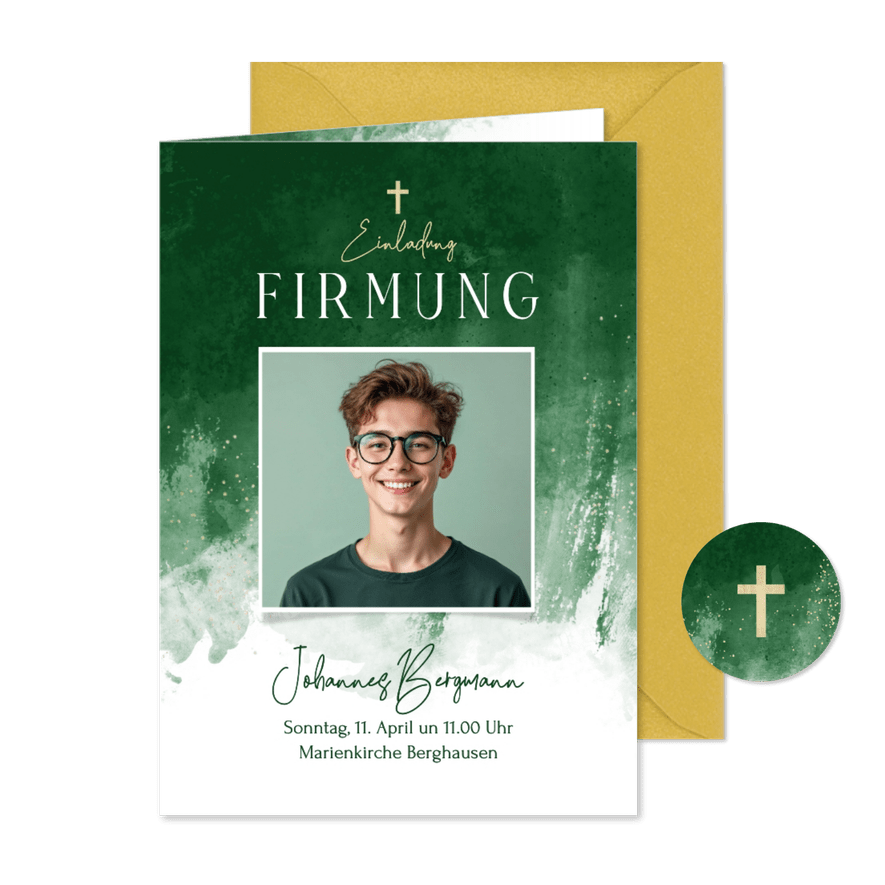 Fotokarte Einladung Firmung Aquarell grün - Karteneindruck