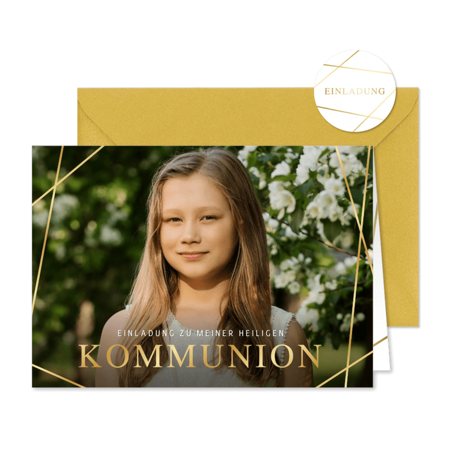 Fotokarte Einladung Kommunion goldene Linien - Kartenvorschau