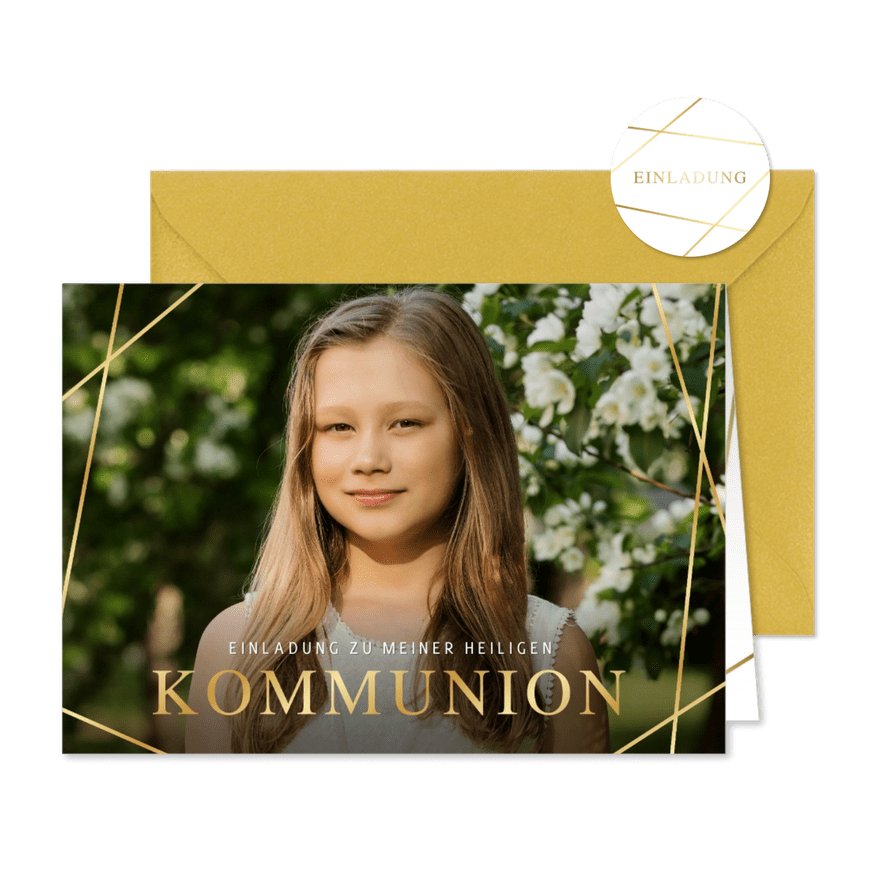 Fotokarte Einladung Kommunion goldene Linien - Karteneindruck