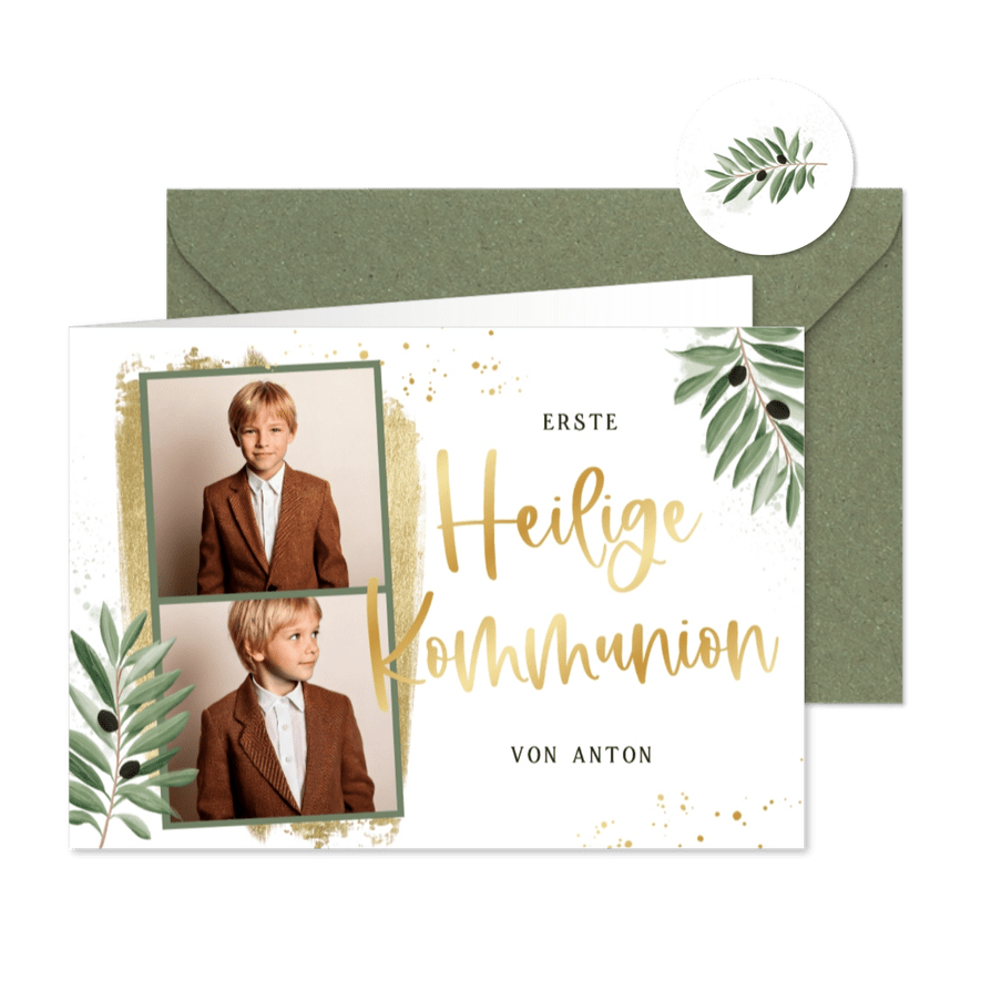Fotokarte Einladung Kommunion Olivenzweig Aquarelloptik - Karteneindruck
