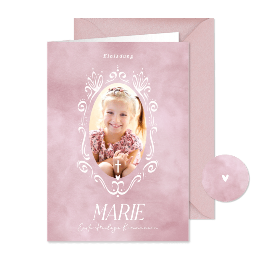 Fotokarte Einladung Kommunion rosa mit Rahmen - Karteneindruck
