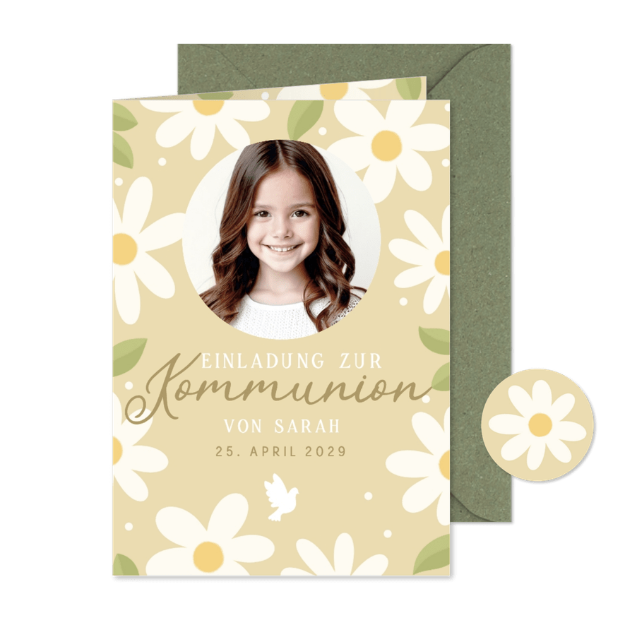Fotokarte Einladung Kommunion weiße Blumen - Karteneindruck
