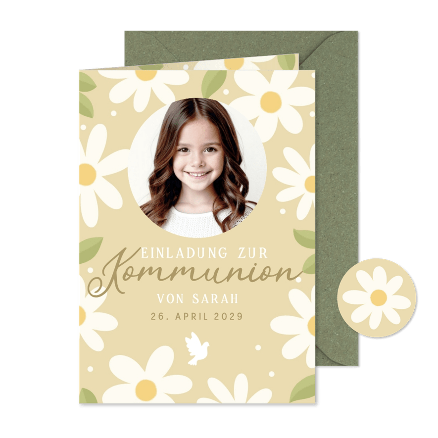 Fotokarte Einladung Kommunion weiße Blumen - Karteneindruck