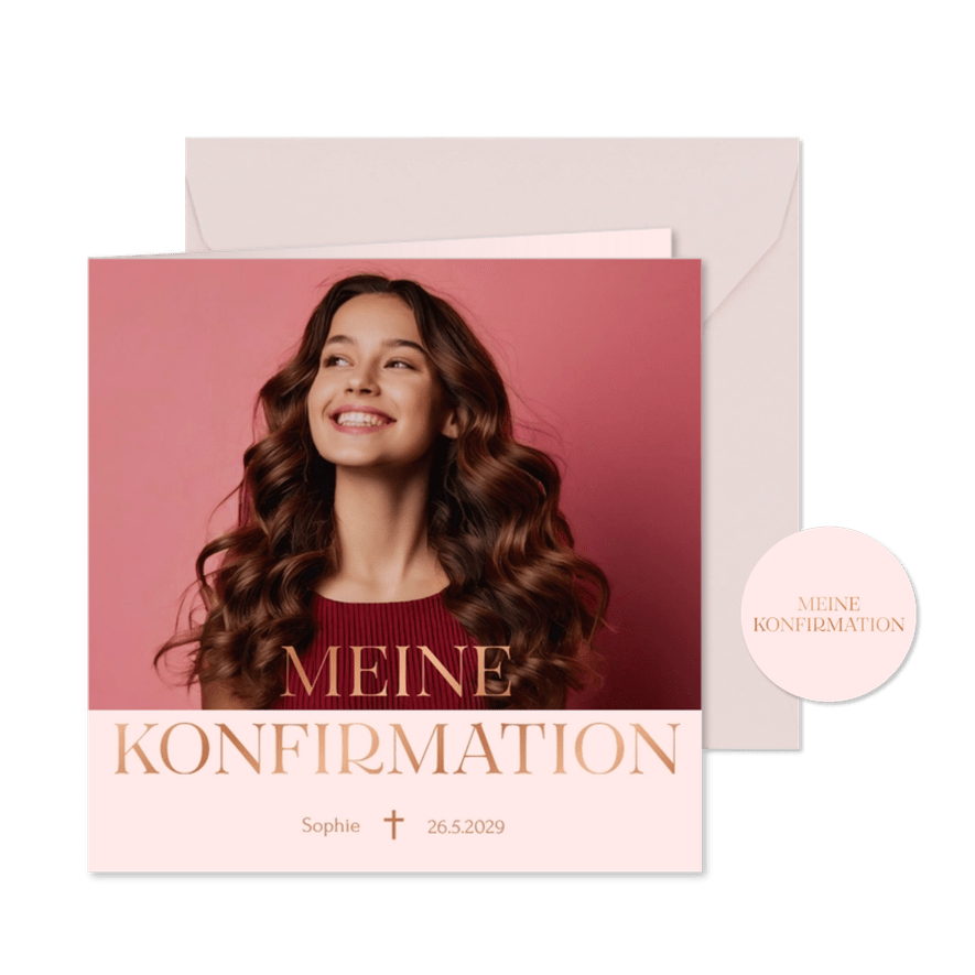 Fotokarte Einladung Konfirmation Rosa Kupfer - Karteneindruck