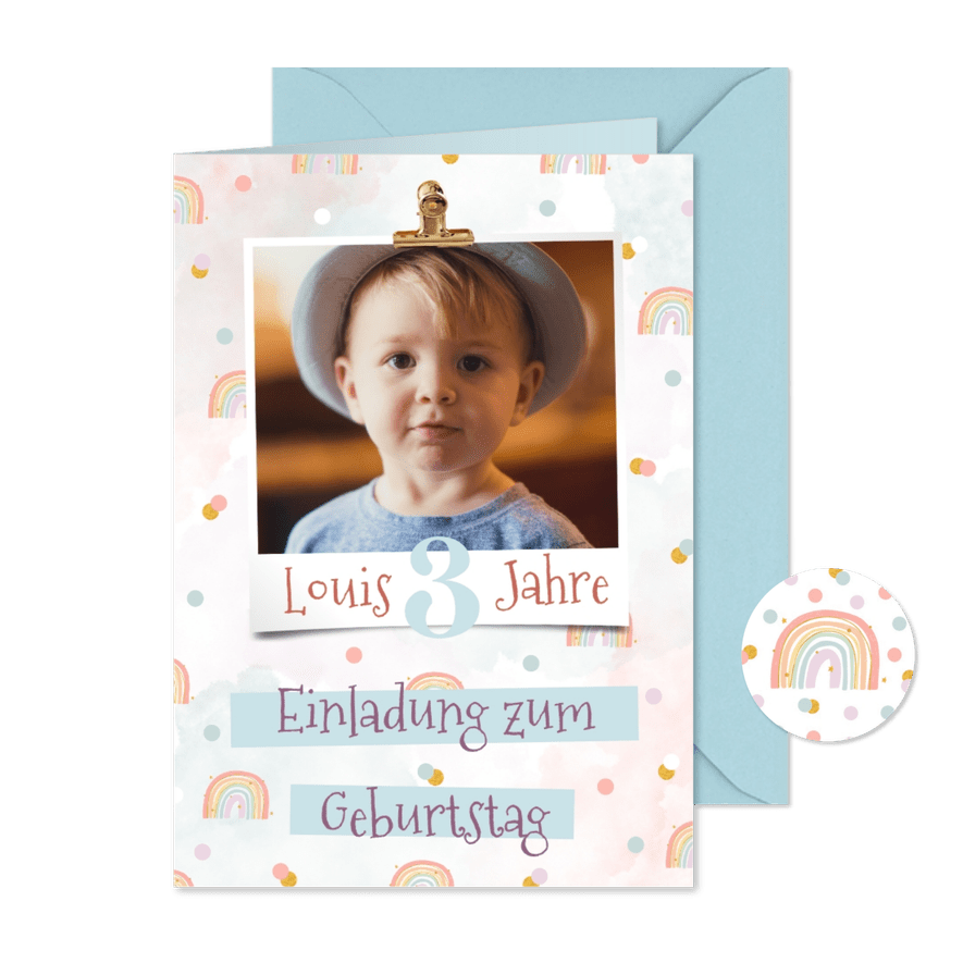 Fotokarte Einladung Regenbogen 3. Kindergeburtstag - Karteneindruck
