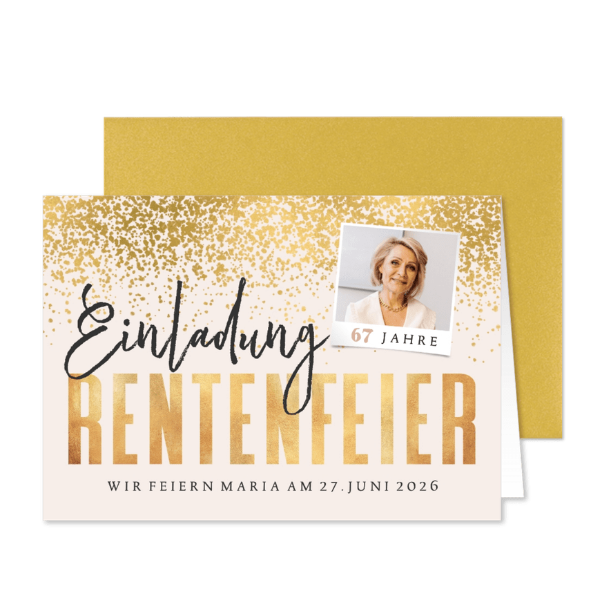 Fotokarte Einladung Rentenfeier Glitzer Konfetti - Kartenvorschau
