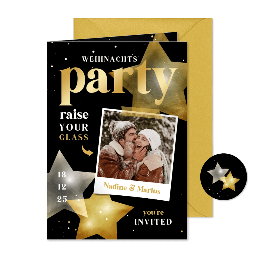 Fotokarte Einladung Weihnachtsparty mit Sternen - Karteneindruck
