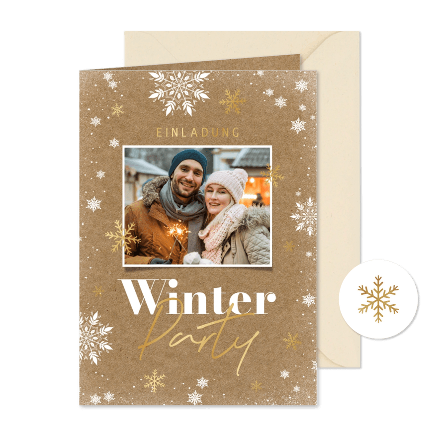 Fotokarte Einladung Winterparty mit Schneeflocken - Karteneindruck

