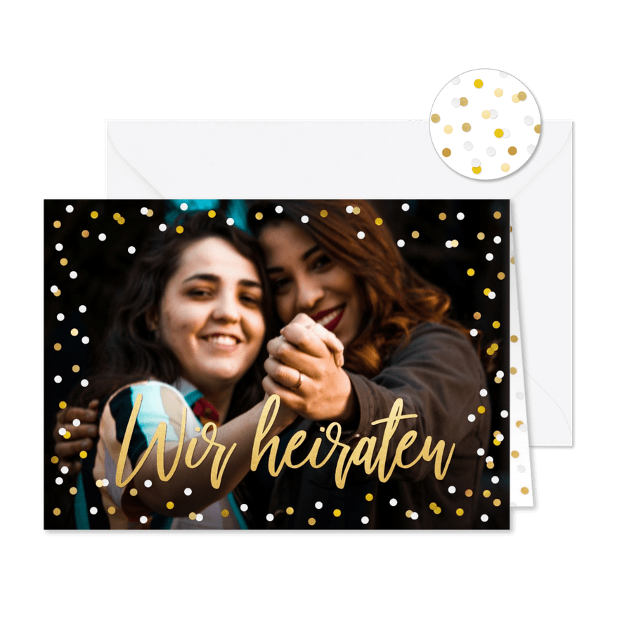 Fotokarte Einladung Wir heiraten Goldtext - Karteneindruck