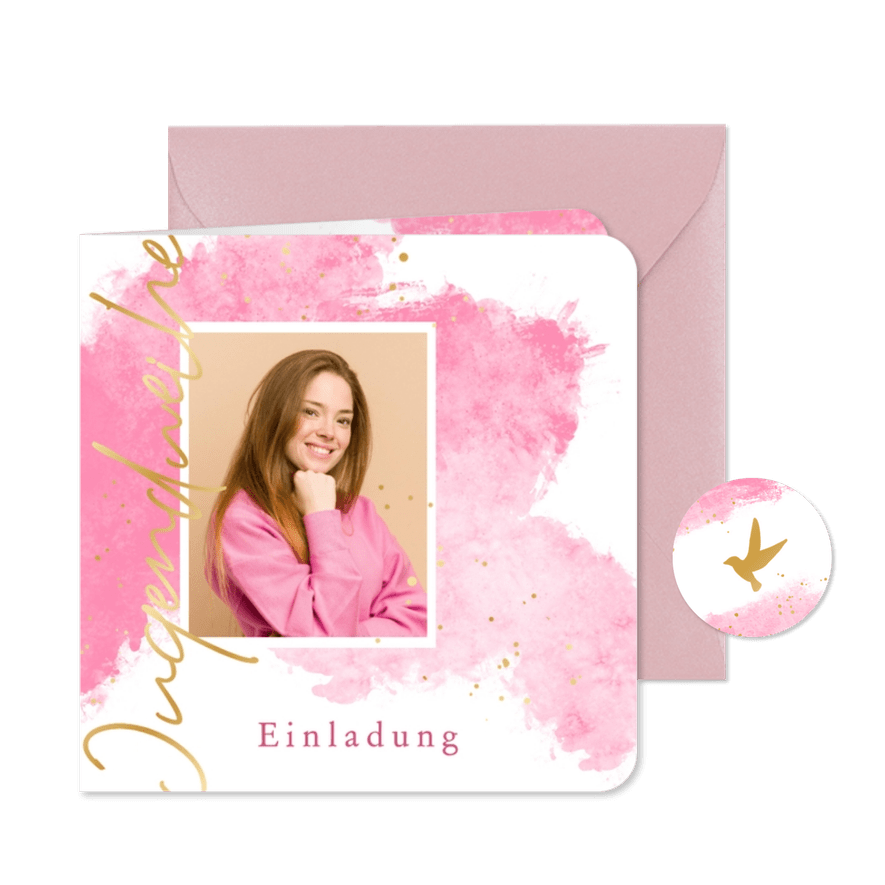 Fotokarte Einladung zur Jugendweihe rosa Aquarell - Kartenvorschau