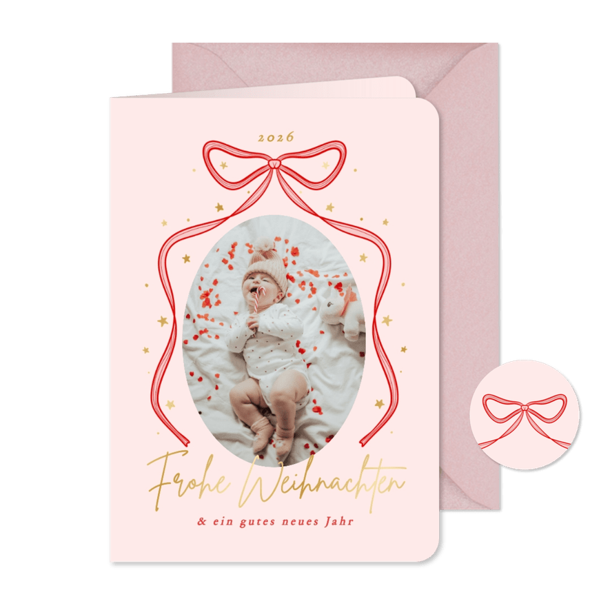 Fotokarte Frohe Weihnachten Schleife und Sterne - Karteneindruck
