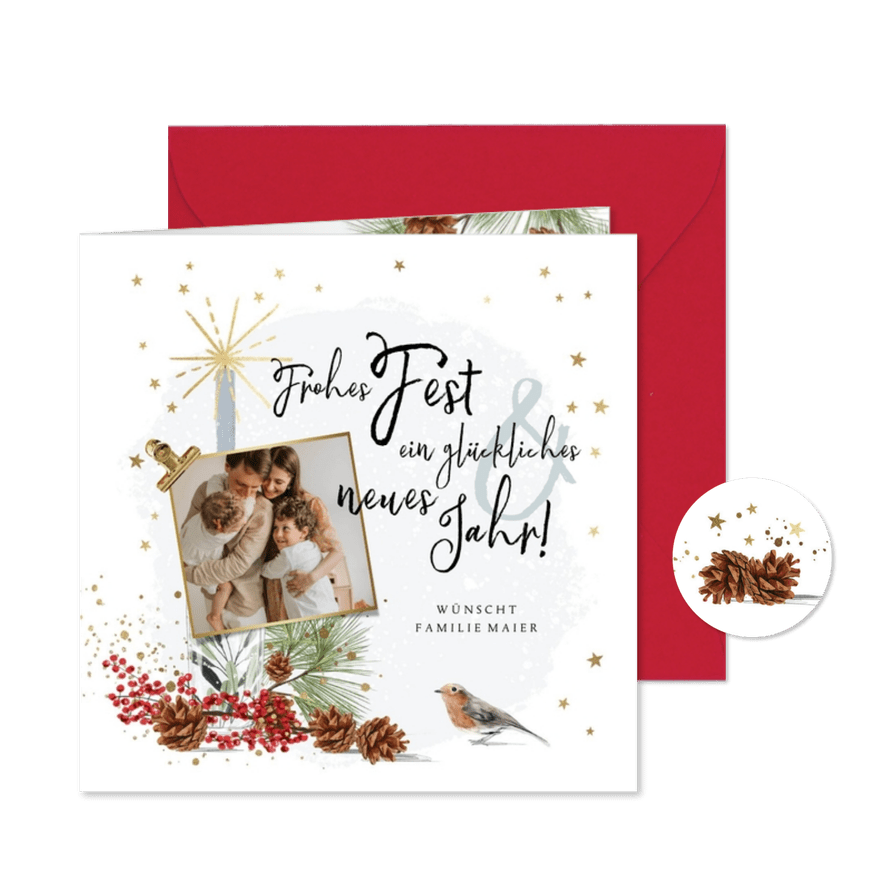 Fotokarte 'Frohes Fest' mit weihnachtlicher Illustration - Karteneindruck