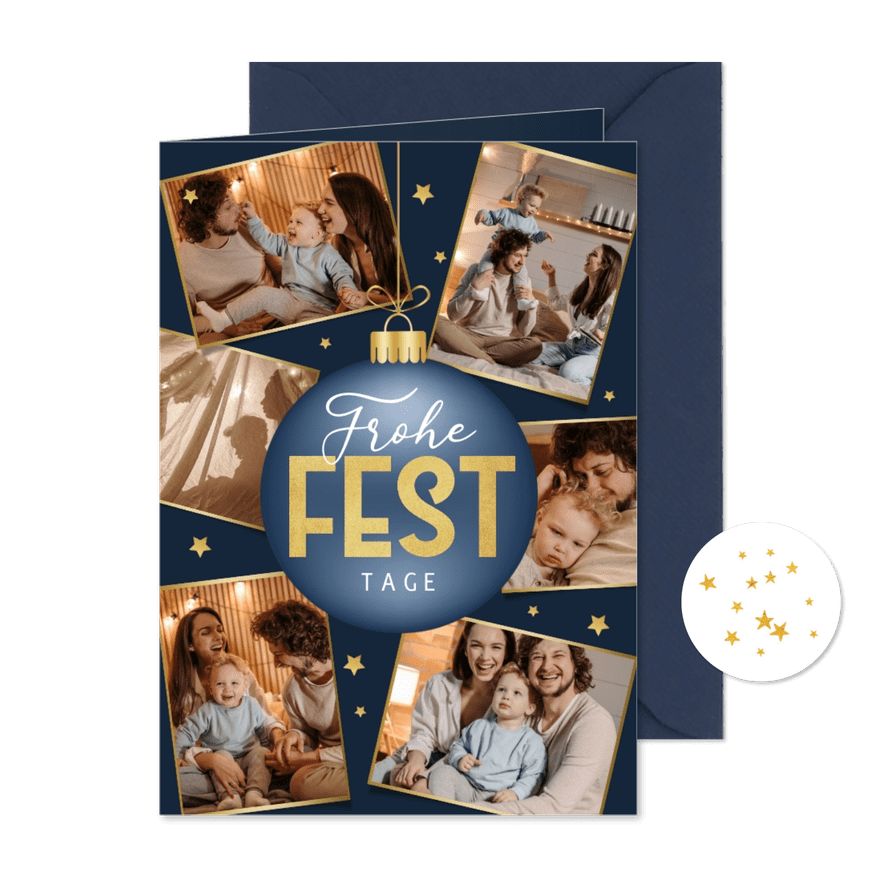 Fotokarte 'Frohes Fest' zu Weihnachten mit Weihnachtskugeln - Karteneindruck