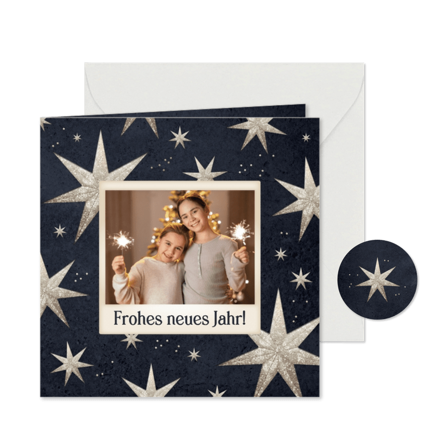 Fotokarte 'Frohes neues Jahr' Faltsterne silber blau - Karteneindruck