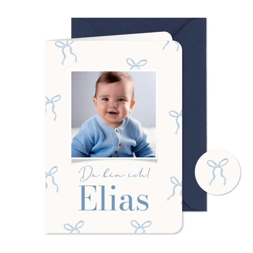 Fotokarte Geburt blaue Schleifen  - Karteneindruck
