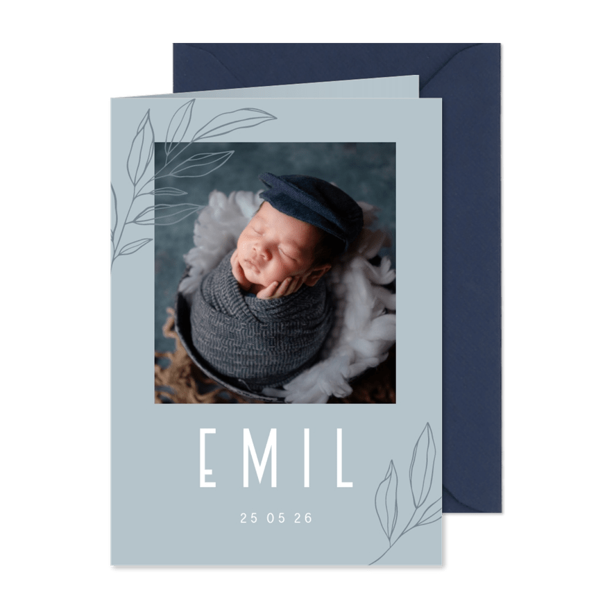 Fotokarte Geburt blaue Zweige - Karteneindruck