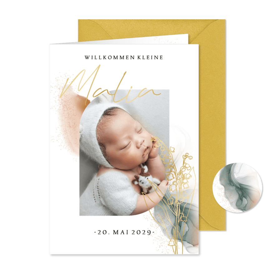 Fotokarte Geburt Maiglöckchen & elegantes Aquarell - Karteneindruck