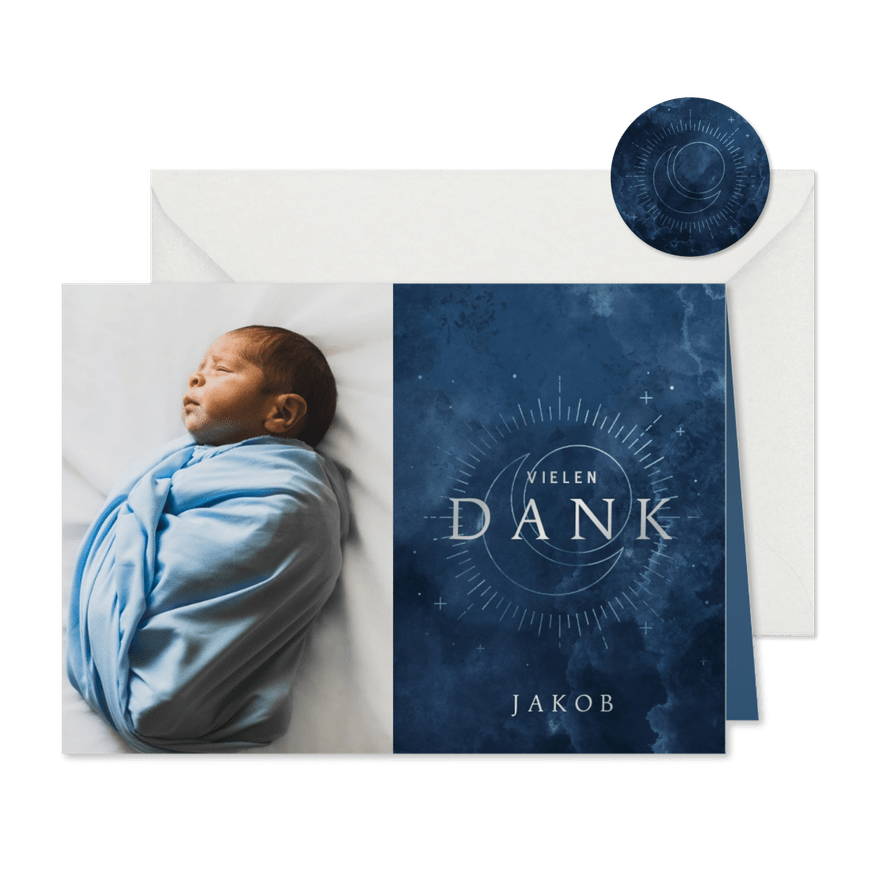 Fotokarte Geburt Mond & Sonne blau - Karteneindruck