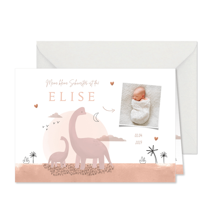 Fotokarte Geburt Schwester Dinos rosa - Karteneindruck