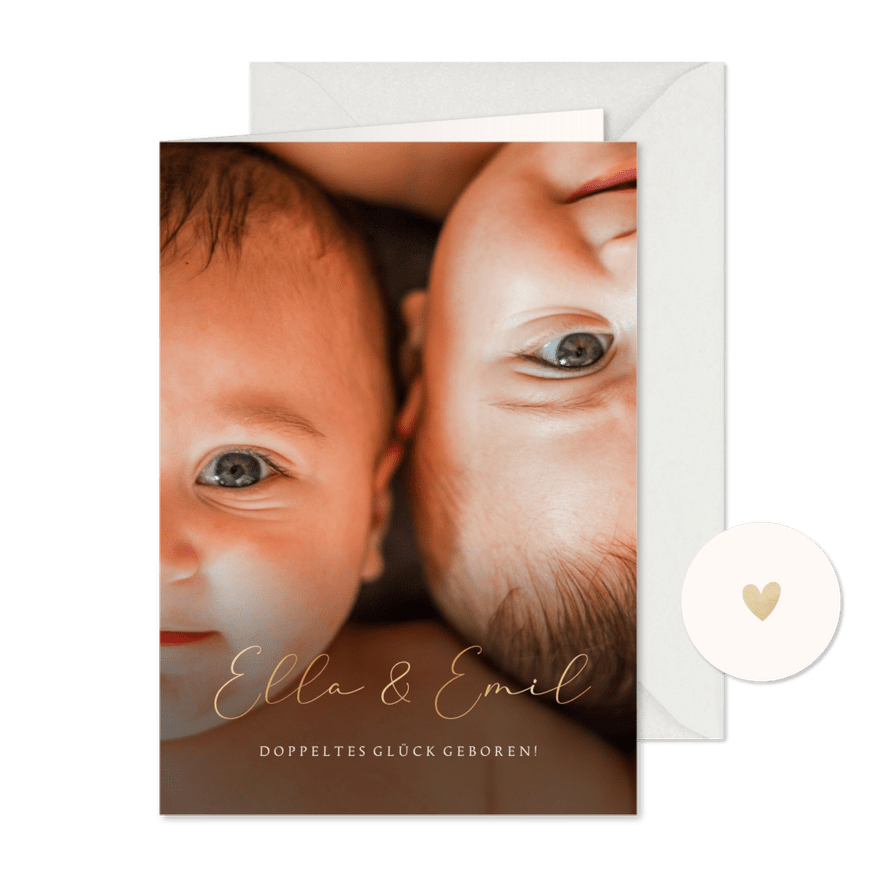 Fotokarte Geburt Zwillinge elegant in Goldlook - Karteneindruck
