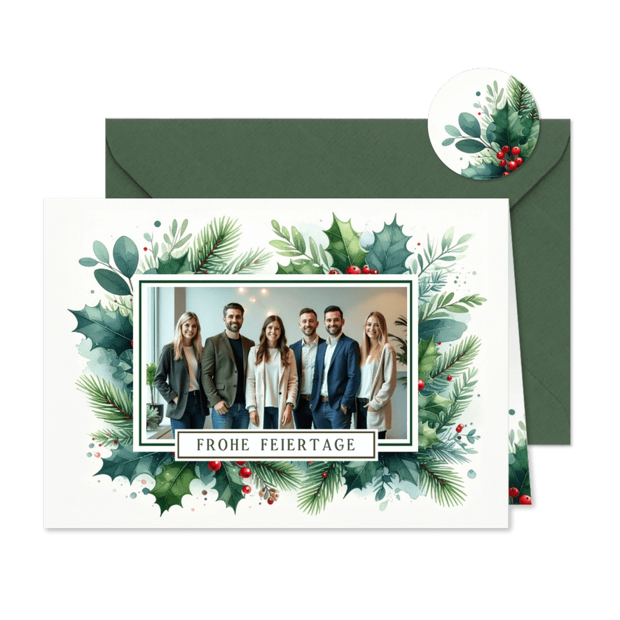 Fotokarte geschäftliche Weihnachtsgrüße Zweige und Beeren - Karteneindruck
