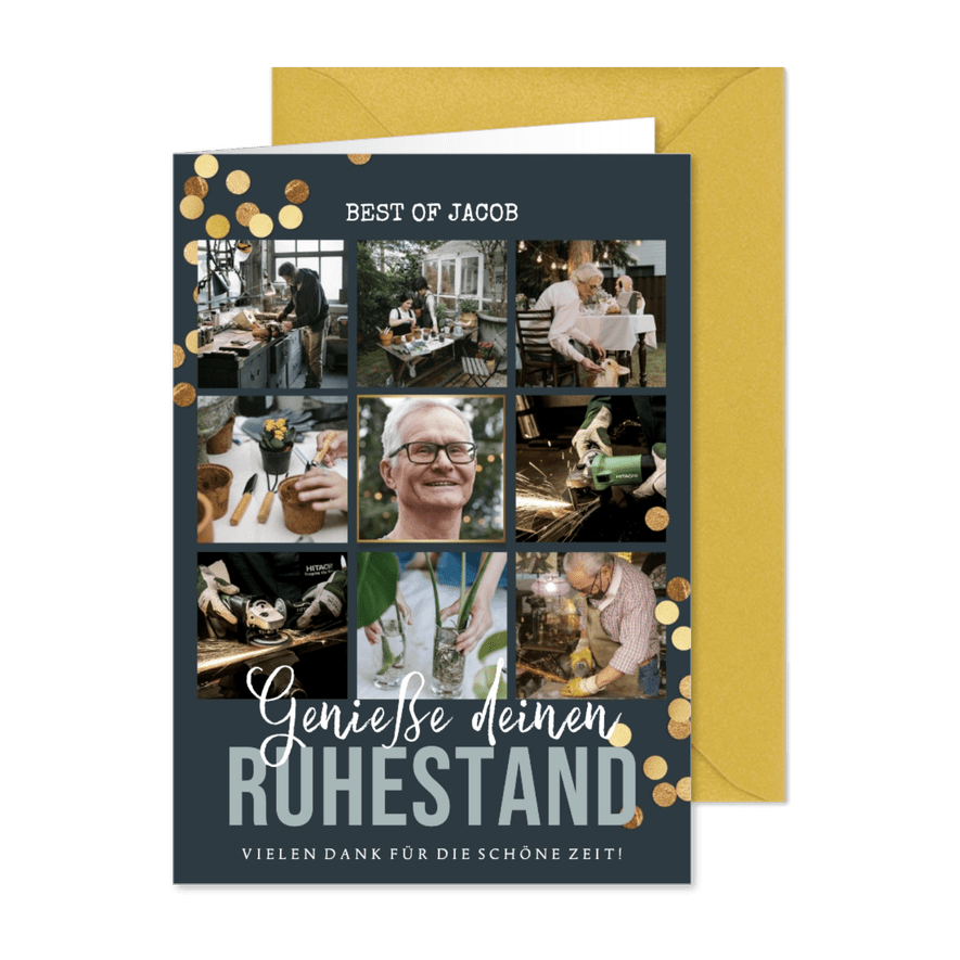 Fotokarte Glückwunsch zum Ruhestand blau mit gold Konfetti - Karteneindruck