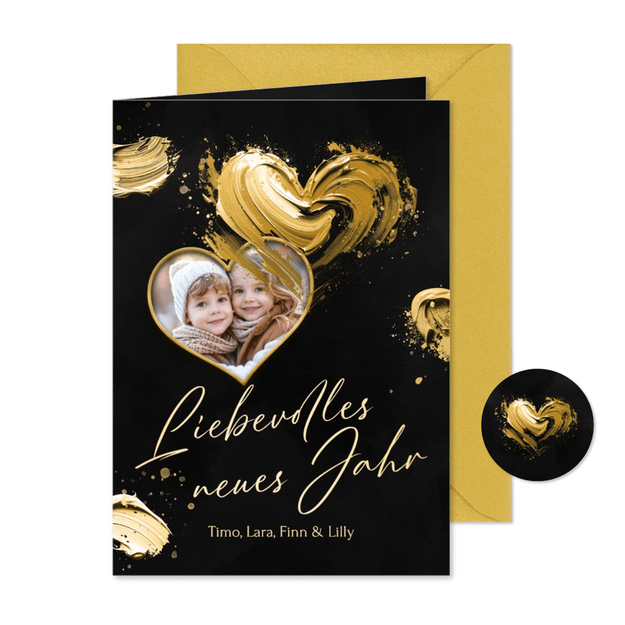 Fotokarte Herz Neujahrs goldene Farbe Schwarz - Kartenvorschau