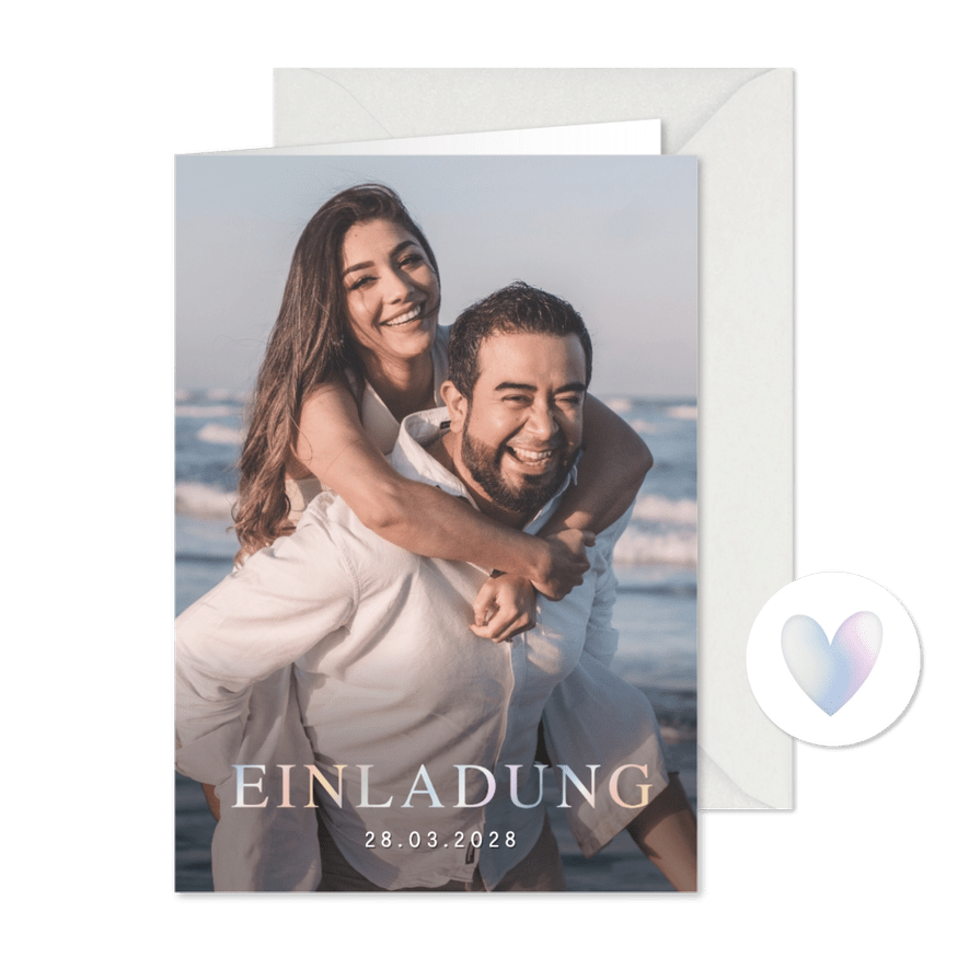 Fotokarte Hochzeit Einladung holografischer Text - Karteneindruck