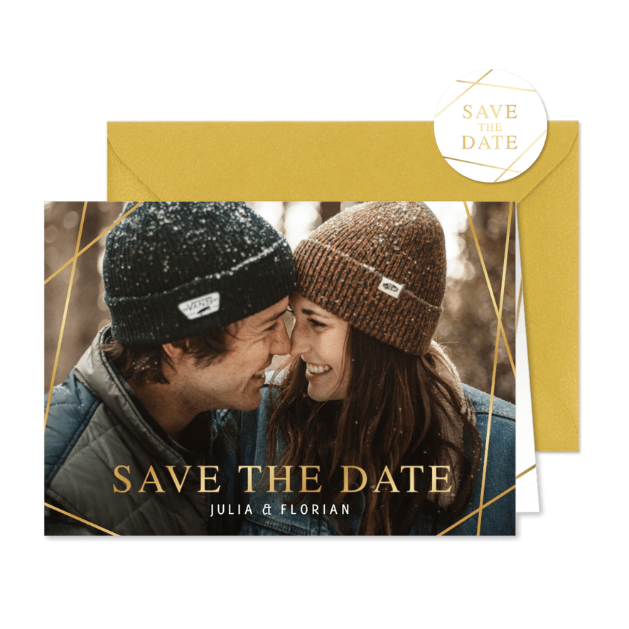Fotokarte Hochzeit 'Save the Date' Linienspiel gold - Karteneindruck