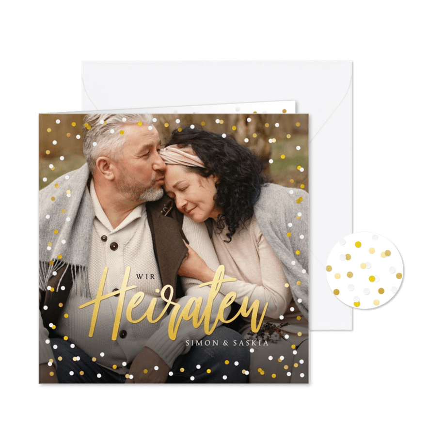 Fotokarte Hochzeitseinladung Goldtext - Kartenvorschau