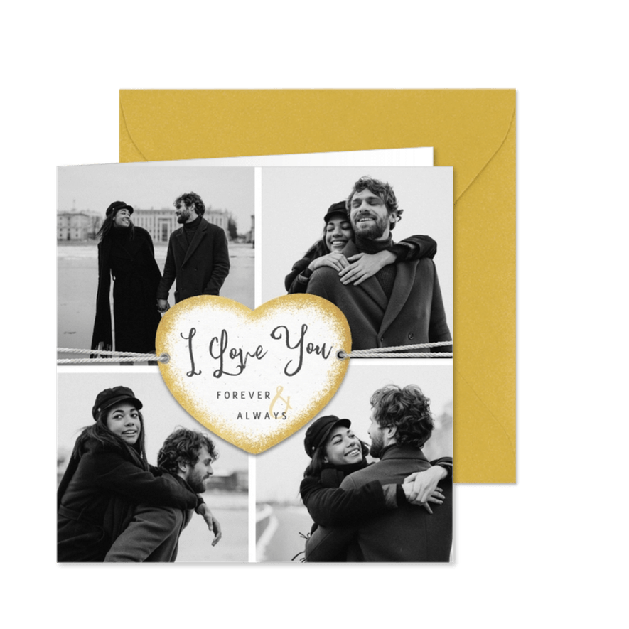 Fotokarte 'I love you' mit 4 Fotos mit Herzrahmen - Karteneindruck
