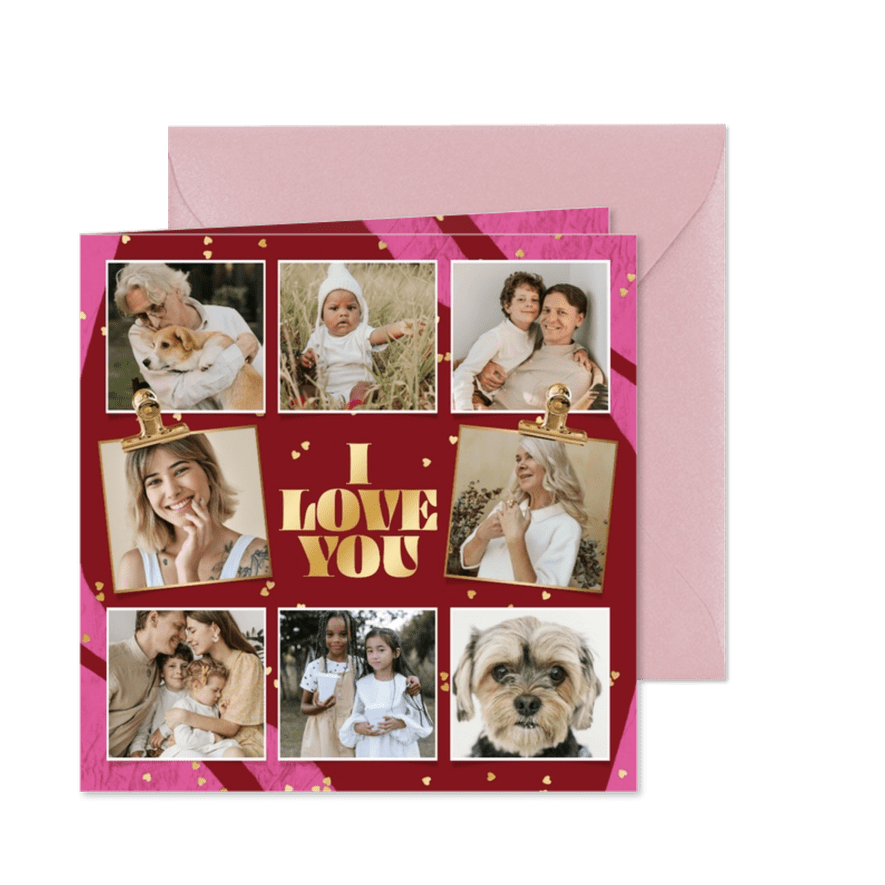 Fotokarte I love you mit 8 Fotos und goldene Herzen - Karteneindruck
