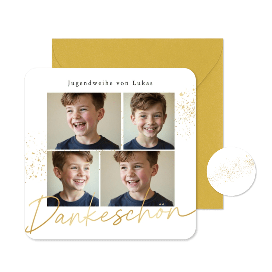 Fotokarte Jugendweihe Danksagung Goldschrift & Sprenkel - Karteneindruck
