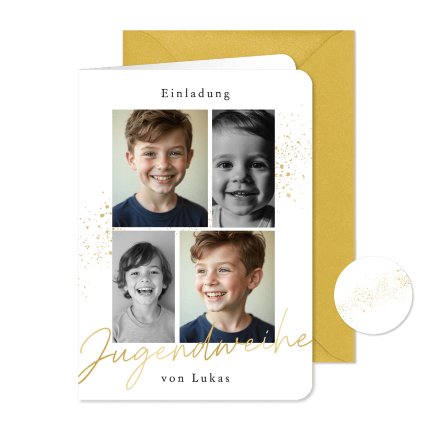 Fotokarte Jugendweihe Einladung Goldschrift & Sprenkel - Kartenvorschau

