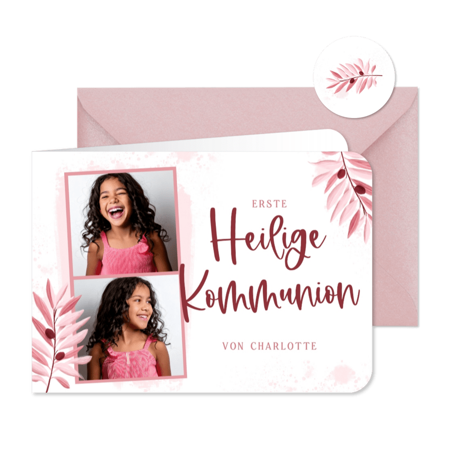 Fotokarte Kommunionseinladung rosa Olivenzweige - Karteneindruck
