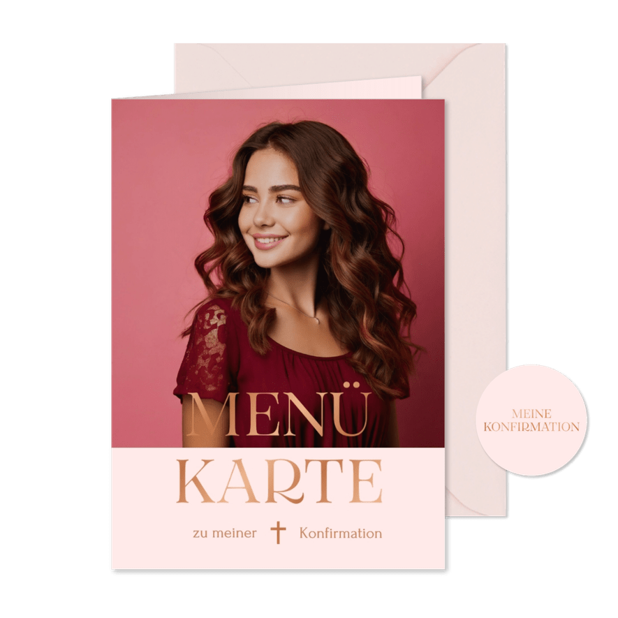 Fotokarte Menü Konfirmationsfeier Rosa Kupfer - Karteneindruck
