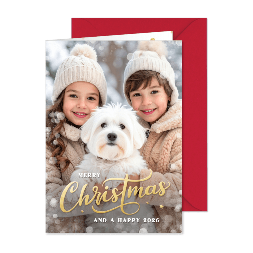 Fotokarte mit Schriftzug 'Merry Christmas and Happy 2026' - Karteneindruck