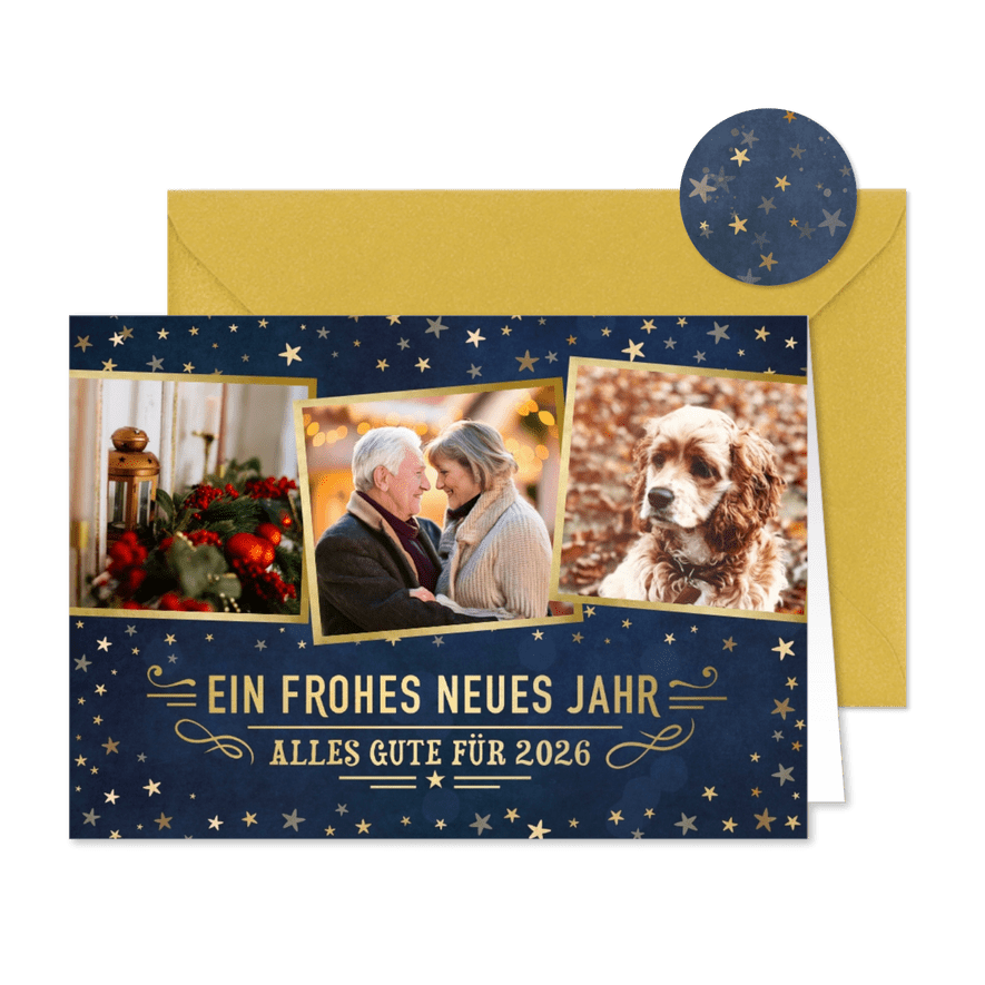 Fotokarte Neujahr mit Sternchen und Text - Karteneindruck
