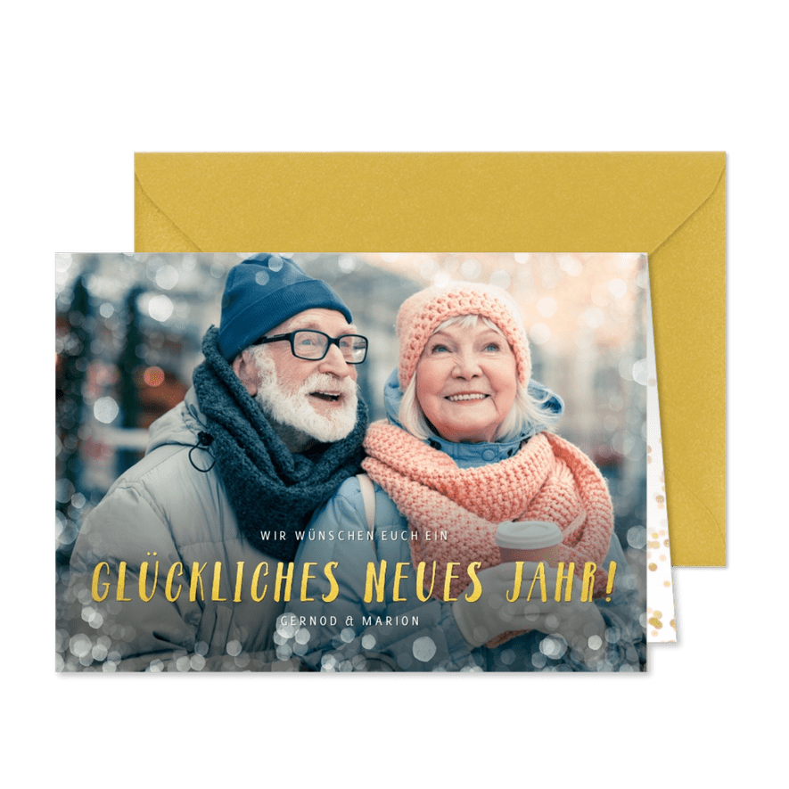 Fotokarte Neujahr Text in Goldoptik - Karteneindruck