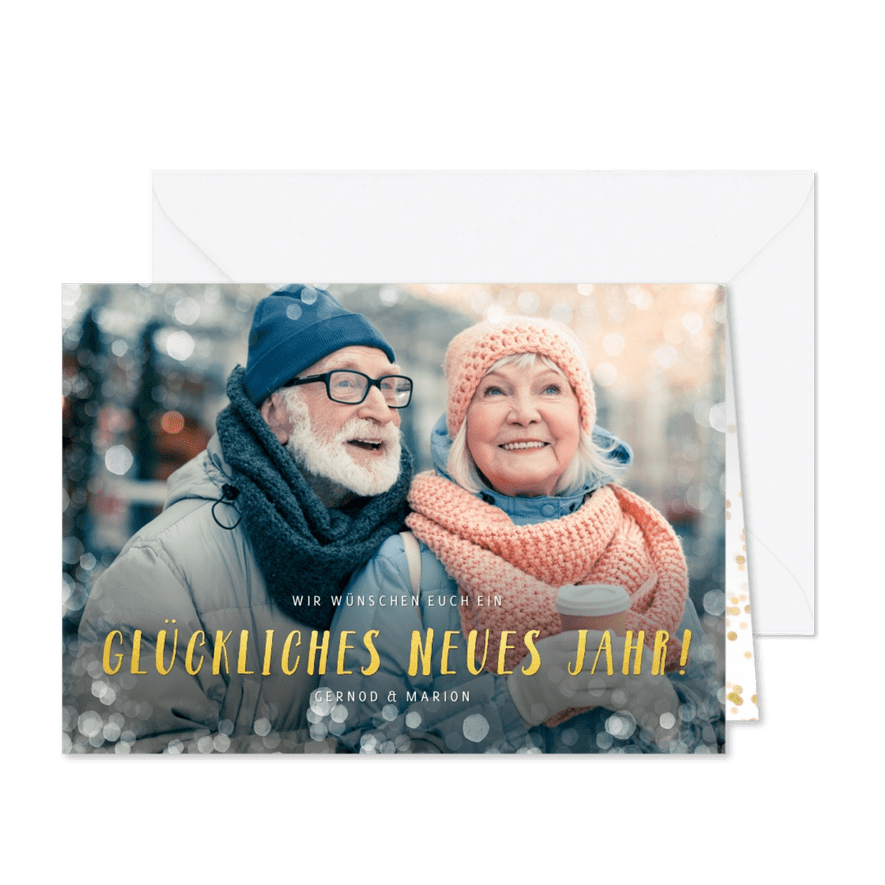 Fotokarte Neujahr Text in Goldoptik - Karteneindruck
