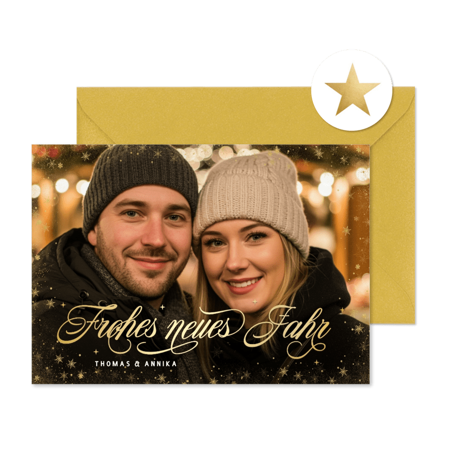 Fotokarte Neujahrsgrüße Goldsternenrand Schriftzug - Karteneindruck
