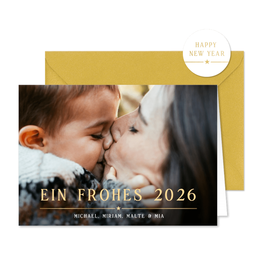 Fotokarte Neujahrsgrüße mit Text und Namen - Karteneindruck