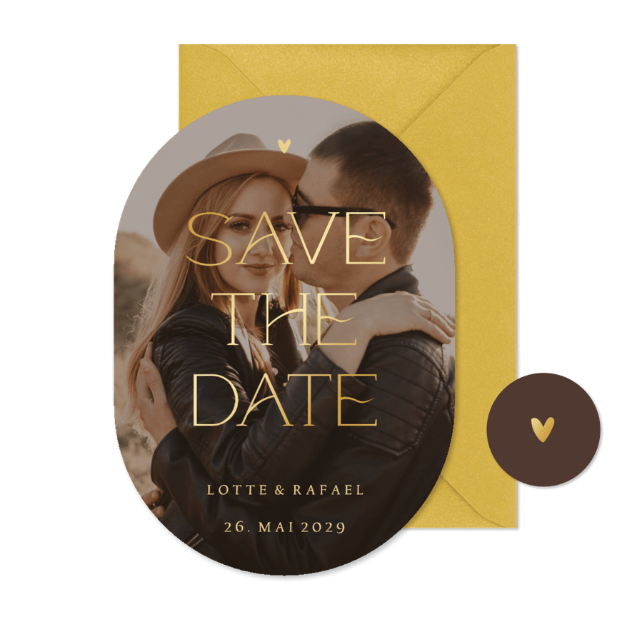 Fotokarte Oval Save-the-Date Hochzeit Goldschrift - Karteneindruck
