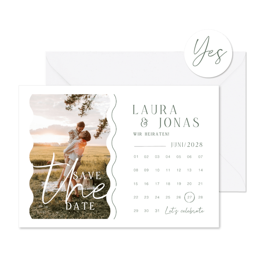 Fotokarte 'Save the Date' Kalender & Wellenlinien - Karteneindruck